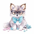 A Pomsky Puppy in Pastel Headband and Bandana: An Adorable Photo for Your Collection! AI Generated Royalty Free Stock Photo