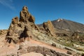 Mountains near volcano Teide, partly covered by the clouds. Bright blue sky. Teide National Park, Tenerife, Canary Islands, Spain Royalty Free Stock Photo