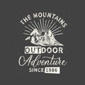 The mountains outdoor adventure. Grunge vintage phrase. Typography, t-shirt graphics, print, poster, banner, slogan, flyer,