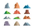 Mountains. Outdoor symbols for tourists travellers exploring rocky mountains stones with grass iceberg garish vector