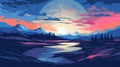 Psychedelic Sunset: Vibrant Landscape Painting With Hyper-detailed Illustrations