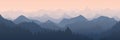 Mountains panorama. Foggy mountain landscape with aerial perspective effect, morning sunrise forest vector background