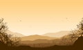 Mountains panorama with a realistic silhouette of dry trees in the afternoon from the countryside. Vector illustration