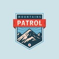 Mountains patrol - concept badge. Climbing logo in flat style. Extreme exploration sticker symbol. Camping & hiking creative vect