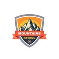 Mountains patrol - concept badge. Climbing logo in flat style. Extreme exploration sticker symbol.  Camping & hiking creative Royalty Free Stock Photo