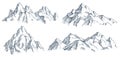 Mountains peak engraving. Vintage engraved sketch of valley with mountain landscape and old forest trees. vector