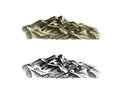 Mountains peaks. Old Hill. Vintage, looking hand drawn. Engraved style. Sketch for hiking, climbing. Doodle style