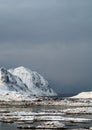 Mountains peaks rise to the sky of Lofoten islands of Norway.The beautiful islands from a ferry point of view