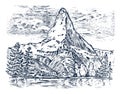 Mountains peaks, vintage matterhorn, old looking hand drawn, sketch or engraved style, different versions for hiking