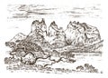 Mountains peaks, vintage Patagonia, old looking hand drawn, sketch or engraved style, different versions for hiking