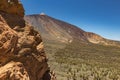 Mountains and pine tree forest near volcano Teide, partly covered by the clouds. Bright blue sky. Teide National Park, Tenerife, Royalty Free Stock Photo