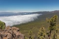 Mountains and pine tree forest near volcano Teide, partly covered by the clouds. Bright blue sky. Teide National Park, Tenerife, Royalty Free Stock Photo