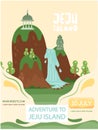 Mountains with plants and stone architectural structures. Adventure to Jeju island concept poster