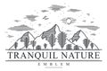 Mountains range and trees forest linear vector emblem isolated on white, line art drawing of mountain peaks wilderness wanderlust Royalty Free Stock Photo