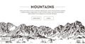 Mountains Ranges. Nature Sketch. Spiky Mountain Landscape Sketch Hand Drawing, In Engraving Etching Style, For Extreme