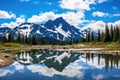 Mountains reflected in a lake in Jasper National Park, Alberta, Canada, Whistler mountain reflected in lost lake with a blue hue,