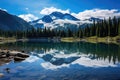 Mountains reflected in the lake, Jasper National Park, Alberta, Canada, Whistler mountain reflected in lost lake with a blue hue,