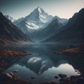 Mountains are reflected in a lake with rocks and grass.