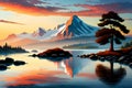 Mountains reflected in the lake at sunset, Vector illustration of landscape, abstract art, generative ai Royalty Free Stock Photo