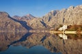 Mountains reflected in the water, winter Mediterranean landscape. Montenegro, Bay of Kotor