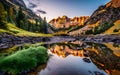 mountains reflection in the clear cristal water of lake