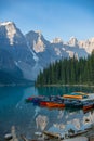Mountains, reflections and Canoes on Moraine Lake Royalty Free Stock Photo