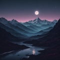 Mountains and a river in the foreground with a full moon. Royalty Free Stock Photo