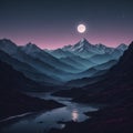 Mountains and a river in the foreground with a full moon.