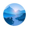 Mountains with river and forest trees landscape. Vector Illustration in round frame. Royalty Free Stock Photo