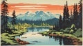 Vintage Olympic National Park Lagoon Postcard With Whistlerian Illustration