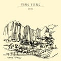 Mountains, riverside, touristic bungalows in Vang Vieng, Laos, Southeast Asia. Vintage hand drawn touristic postcard in vector