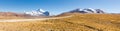 Mountains road Chacaltaya Huayna Potosi summit snow peaks panorama.