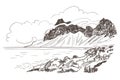 Mountains rock sea view vector sketch landscape line illustration skyline