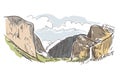 Mountains rock valley cliff view vector sketch landscape line illustration skyline