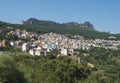 Cityscape of old pictoresque colorful village Jerzu with limestone rocks, mountains and green forest vegetation. Summer
