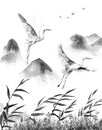 Mountains Scene with Flying Storks