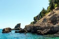 The mountains and sea scenery with blue sky, beautiful nature. Summer time. Vocation concept. Selective focus. Royalty Free Stock Photo