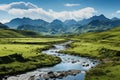 Mountains, serene lake and flowering field in stunning landscape., generative IA