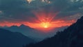 Mountains silhouette at sunset with sun rays breaking through clouds. Dramatic orange red sky over layered hills and dark pine Royalty Free Stock Photo
