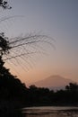 Mountains silhouettes sunset panorama and river reflection