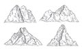 Mountains sketch. Art drawing mountain, engraved panorama silhouette. Vintage wildlife landscape, rocky peaks elements