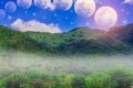 Mountains, sky and clouds, moon and stars. Royalty Free Stock Photo
