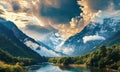 Mountains with snow capped peaks, beautiful clouds and lake a with clean water