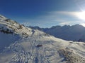 Mountains, snow and natural landscape, blue sky with sunshine, travel and adventure in winter with Earth. Arctic, alps Royalty Free Stock Photo