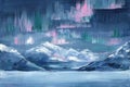 Mountains in the snow at night, northern lights, acrylic painting, oil art on canvas, winter landscape
