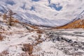 Mountains snow road river trees autumn Royalty Free Stock Photo