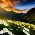 Mountains spring landscape. Mountain green valley with a field of daisies. Royalty Free Stock Photo