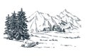 Mountains, spruce and pine trees landscape, vector sketch illustration. Hand drawn winter hills and forest. Royalty Free Stock Photo