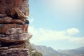 Mountains, success and hiking woman with view of nature environment, countryside landscape or blue sky background. Happy Royalty Free Stock Photo