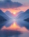 Mountains, sunset, lake reflection Royalty Free Stock Photo